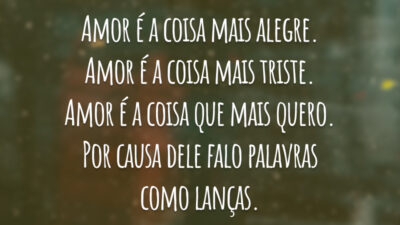 Amor é a coisa mais alegre. Amor é a coisa mais triste. Amor é a coisa que mais quero. Por causa dele falo palavras como lanças.