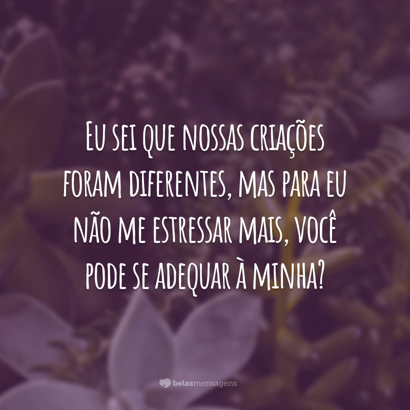 Eu sei que nossas criações foram diferentes, mas para eu não me estressar mais, você pode se adequar à minha?