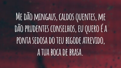 Me dão mingaus, caldos quentes, me dão prudentes conselhos, eu quero é a ponta sedosa do teu bigode atrevido, a tua boca de brasa.
