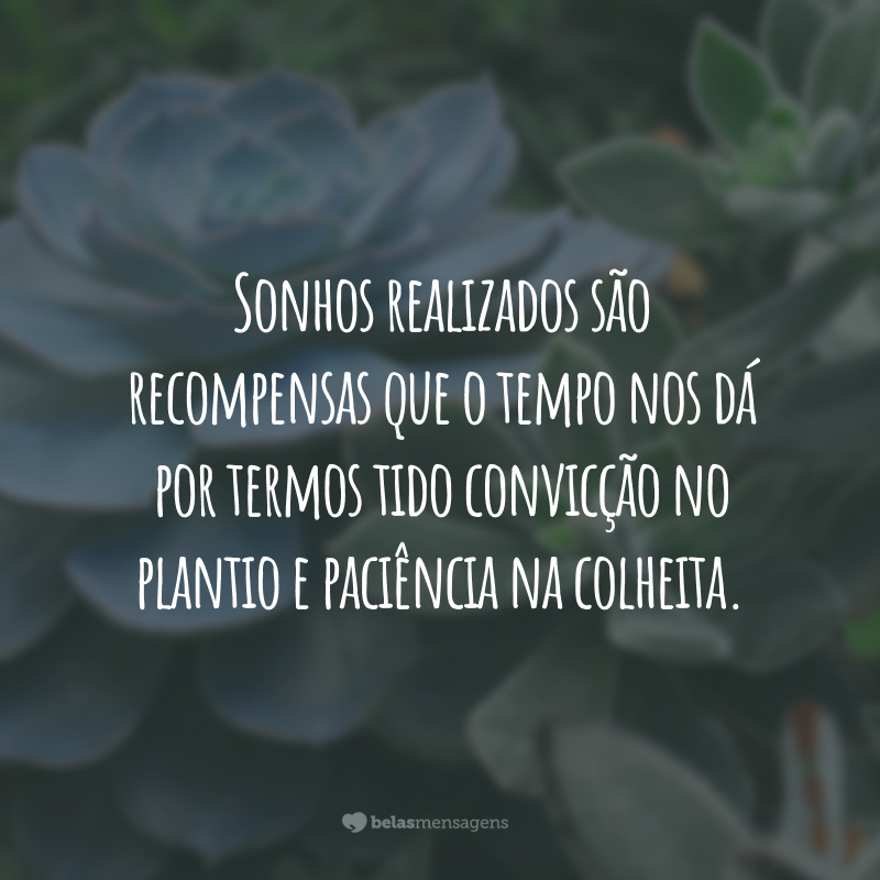 Sonhos realizados são recompensas que o tempo nos dá por termos tido convicção no plantio e paciência na colheita.