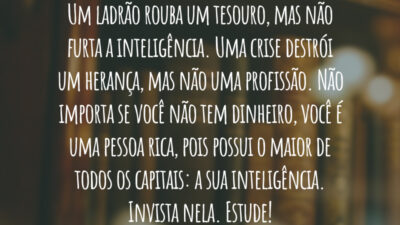 Um ladrão rouba um tesouro, mas não furta a inteligência. Uma crise destrói um herança, mas não uma profissão. Não importa se você não tem dinheiro, você é uma pessoa rica, pois possui o maior de todos os capitais: a sua inteligência. Invista nela. Estude!