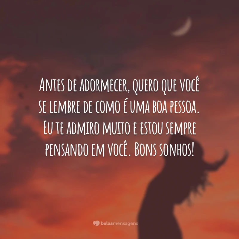 Antes de adormecer, quero que você se lembre de como é uma boa pessoa. Eu te admiro muito e estou sempre pensando em você. Bons sonhos!