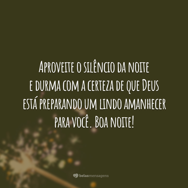 Aproveite o silêncio da noite e durma com a certeza de que Deus está preparando um lindo amanhecer para você. Boa noite!