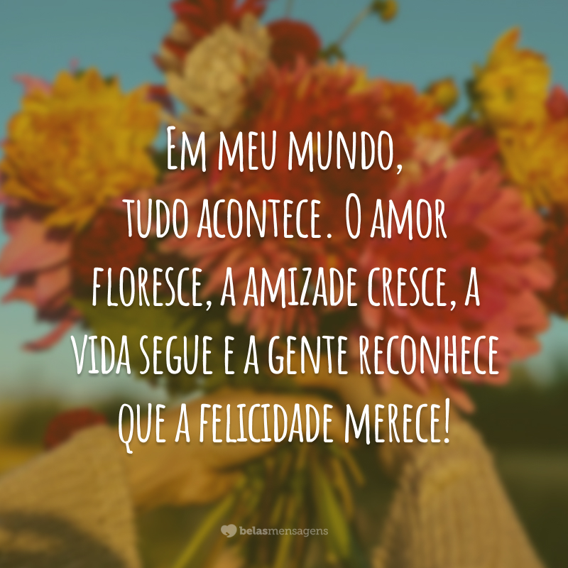 Em meu mundo, tudo acontece. O amor floresce, a amizade cresce, a vida segue e a gente reconhece que a felicidade merece!