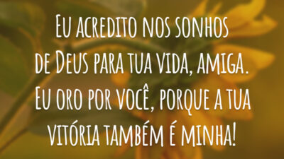 Eu acredito nos sonhos de Deus para tua vida, amiga. Eu oro por você, porque a tua vitória também é minha!