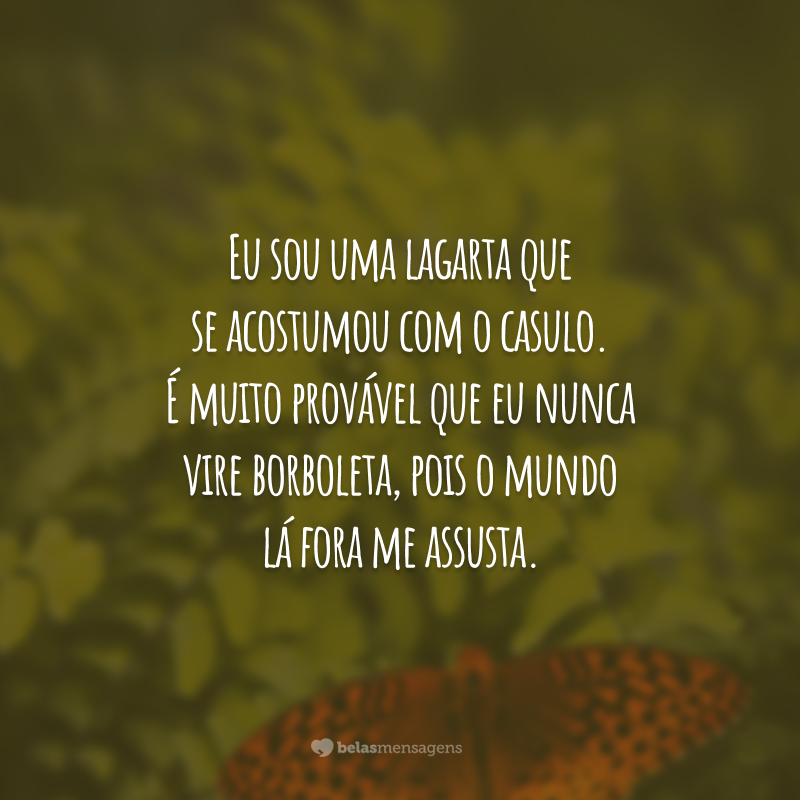 Eu sou uma lagarta que se acostumou com o casulo. É muito provável que eu nunca vire borboleta, pois o mundo lá fora me assusta.