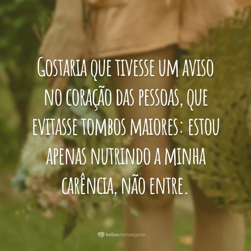 Gostaria que tivesse um aviso no coração das pessoas, que evitasse tombos maiores: estou apenas nutrindo a minha carência, não entre.