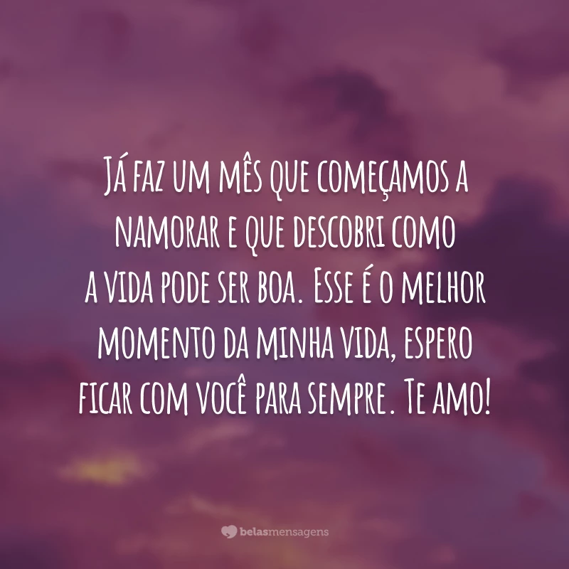 Já faz um mês que começamos a namorar e que descobri como a vida pode ser boa. Esse é o melhor momento da minha vida, espero ficar com você para sempre. Te amo!