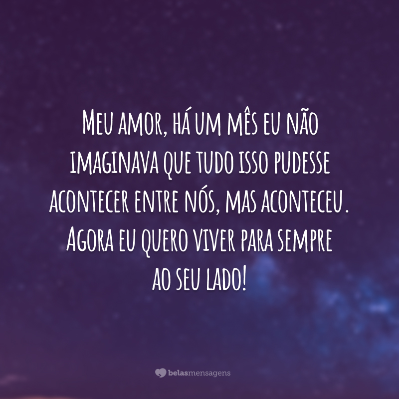 Meu amor, há um mês eu não imaginava que tudo isso pudesse acontecer entre nós, mas aconteceu. Agora eu quero viver para sempre ao seu lado!