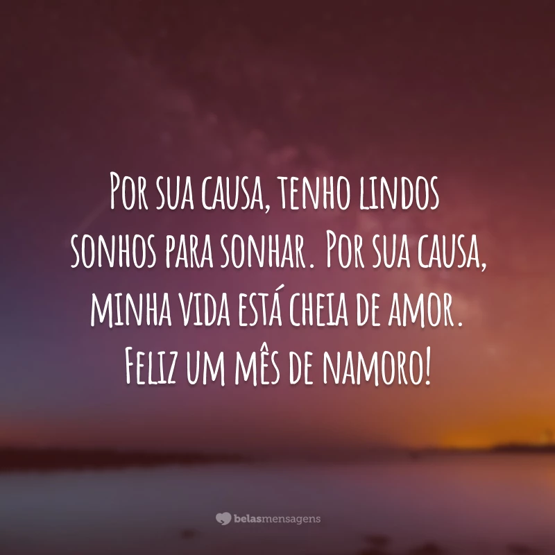 Por sua causa, tenho lindos sonhos para sonhar. Por sua causa, minha vida está cheia de amor. Feliz um mês de namoro!