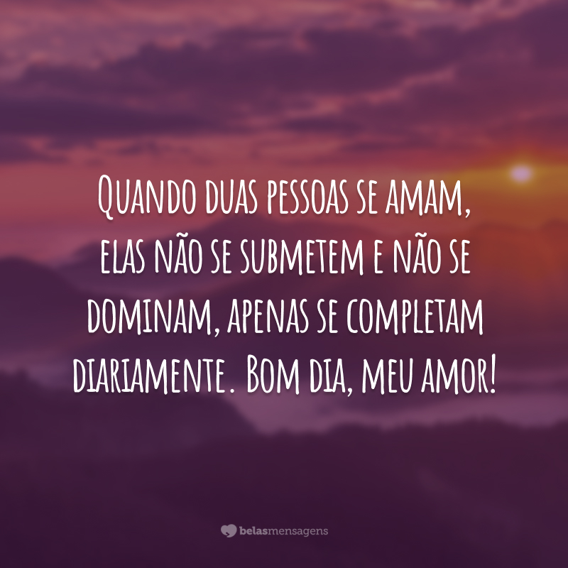 Quando duas pessoas se amam, elas não se submetem e não se dominam, apenas se completam diariamente. Bom dia, meu amor!