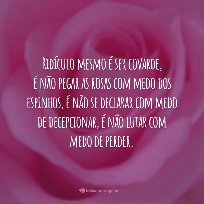 Ridículo mesmo é ser covarde, é não pegar as rosas com medo dos espinhos, é não se declarar com medo de decepcionar, é não lutar com medo de perder.