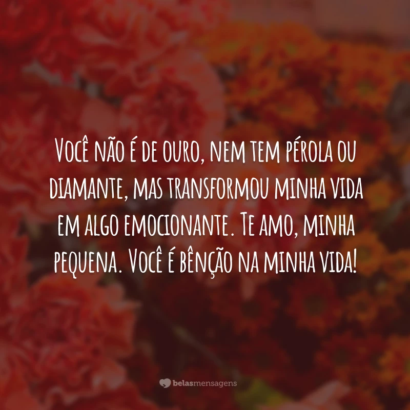 Você não é de ouro, nem tem pérola ou diamante, mas transformou minha vida em algo emocionante. Te amo, minha pequena. Você é bênção na minha vida!