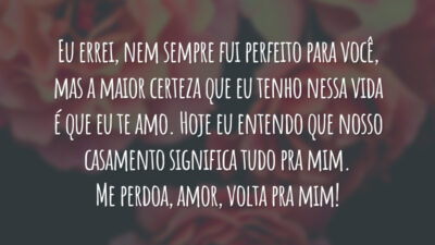 Eu errei, nem sempre fui perfeito para você, mas a maior certeza que eu tenho nessa vida é que eu te amo. Hoje eu entendo que nosso casamento significa tudo pra mim. Me perdoa, amor, volta pra mim!
