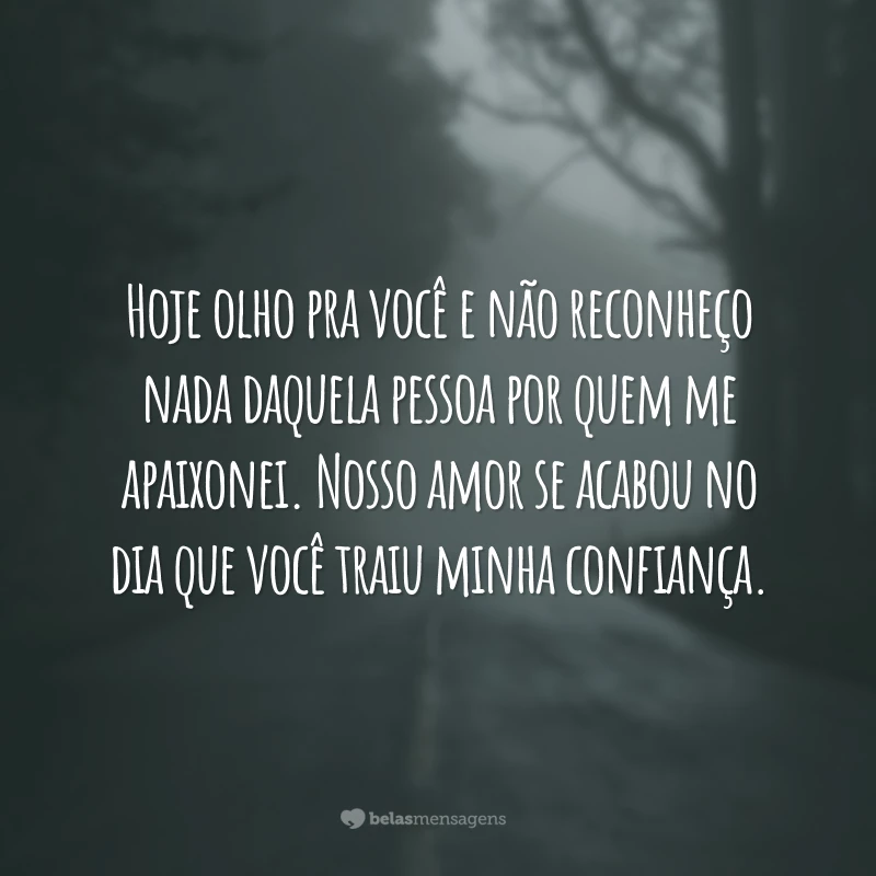 Hoje olho pra você e não reconheço nada daquela pessoa por quem me apaixonei. Nosso amor se acabou no dia que você traiu minha confiança.