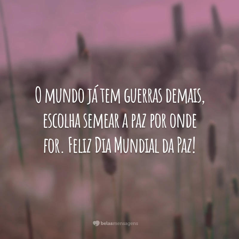 O mundo já tem guerras demais, escolha semear a paz por onde for. Feliz Dia Mundial da Paz!