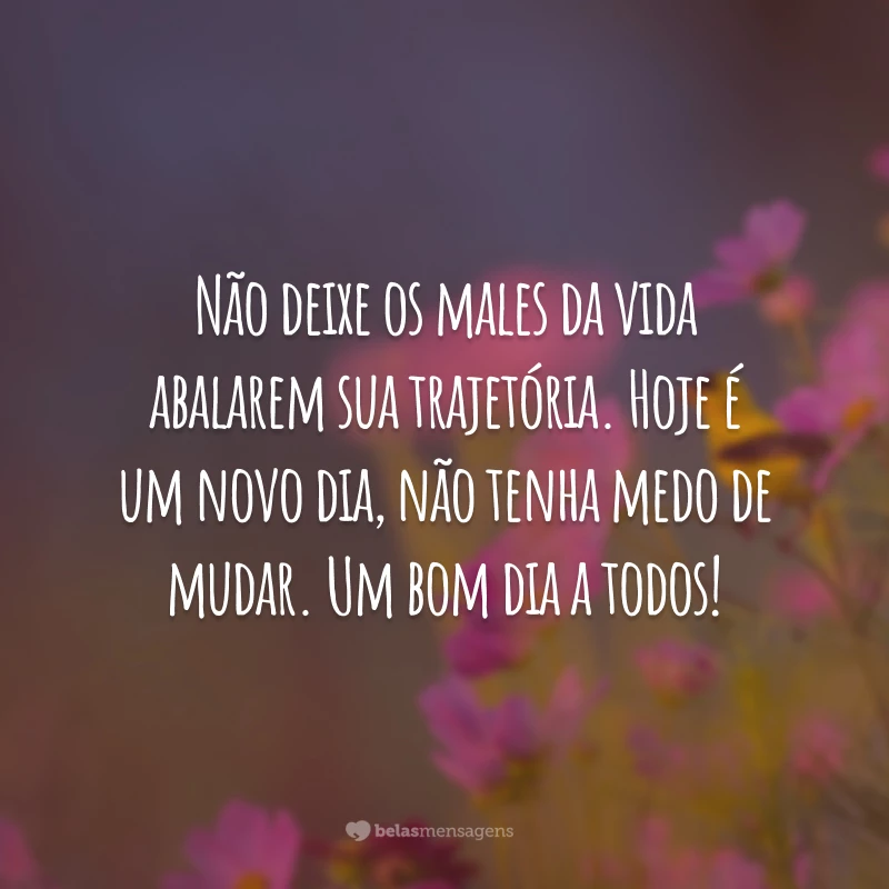 Não deixe os males da vida abalarem sua trajetória. Hoje é um novo dia, não tenha medo de mudar. Um bom dia a todos!