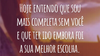 Hoje entendo que sou mais completa sem você e que ter ido embora foi a sua melhor escolha.