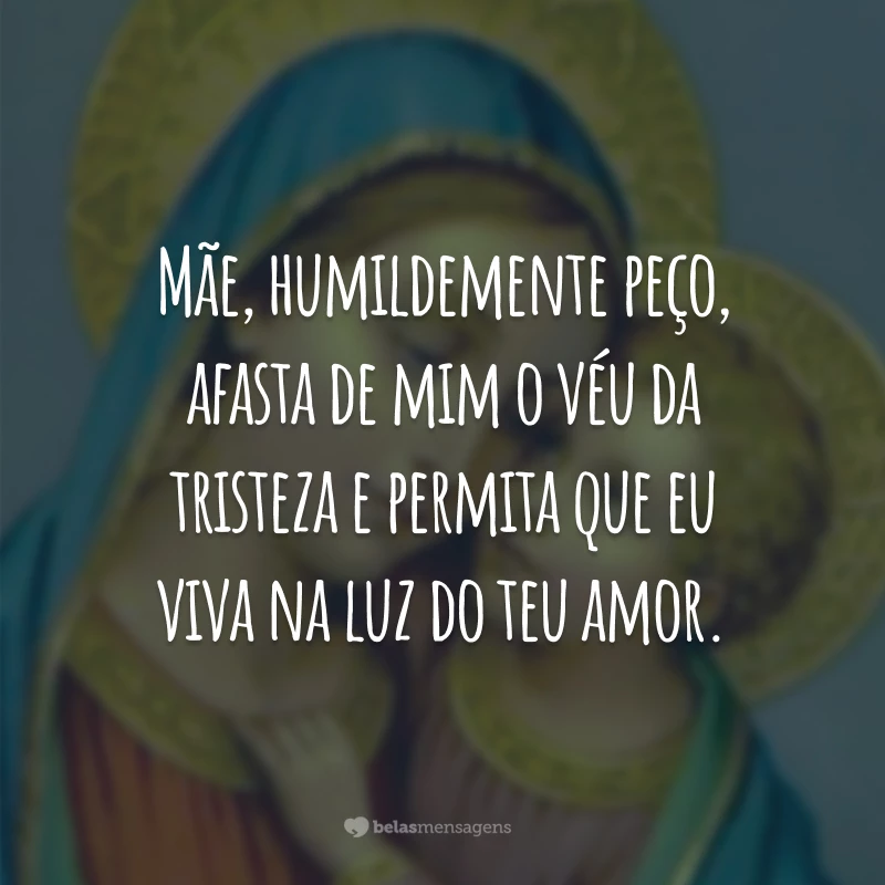 Mãe, humildemente peço, afasta de mim o véu da tristeza e permita que eu viva na luz do teu amor.