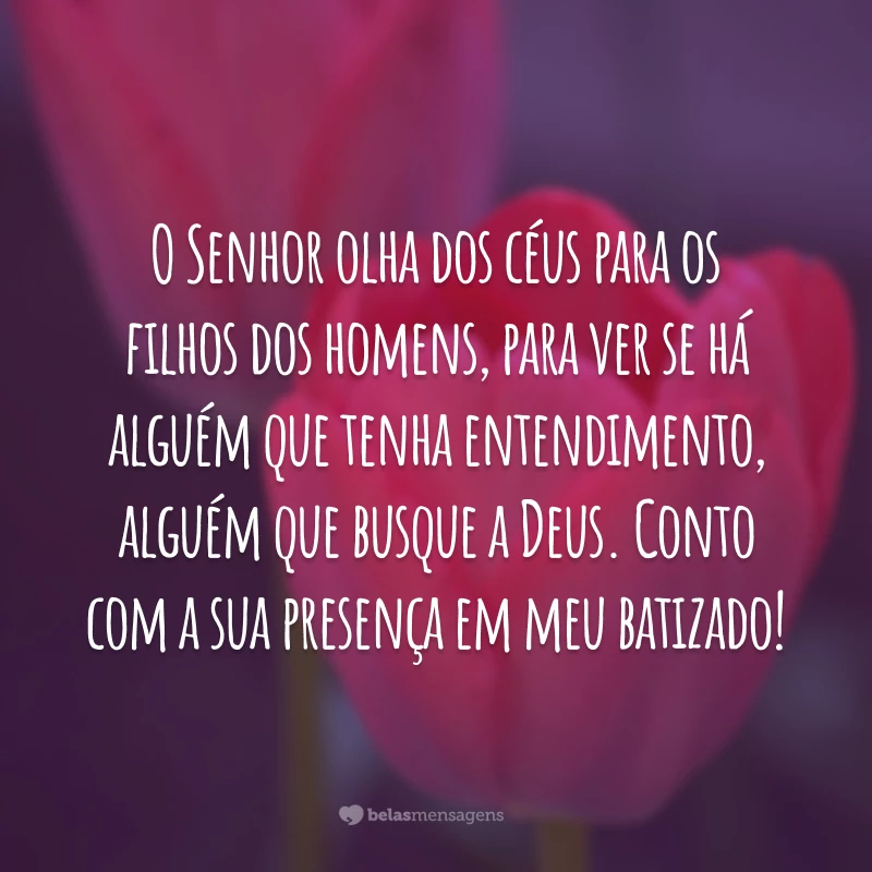 O Senhor olha dos céus para os filhos dos homens, para ver se há alguém que tenha entendimento, alguém que busque a Deus. Conto com a sua presença em meu batizado!