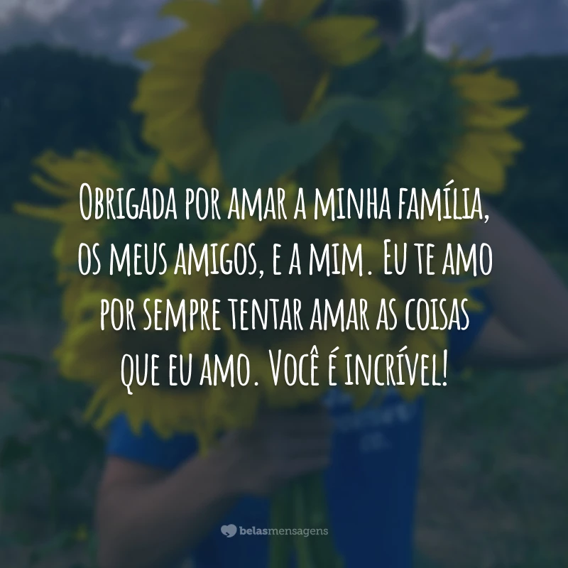 Obrigada por amar a minha família, os meus amigos, e a mim. Eu te amo por sempre tentar amar as coisas que eu amo. Você é incrível!