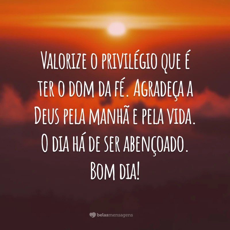 Valorize o privilégio que é ter o dom da fé. Agradeça a Deus pela manhã e pela vida. O dia há de ser abençoado. Bom dia!