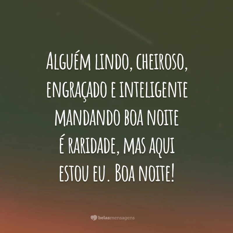 Alguém lindo, cheiroso, engraçado e inteligente mandando boa noite é raridade, mas aqui estou eu. Boa noite!