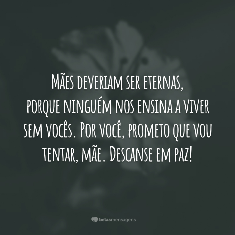 Mães deveriam ser eternas, porque ninguém nos ensina a viver sem vocês. Por você, prometo que vou tentar, mãe. Descanse em paz!