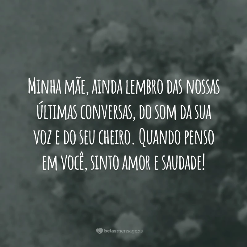 Minha mãe, ainda lembro das nossas últimas conversas, do som da sua voz e do seu cheiro. Quando penso em você, sinto amor e saudade!