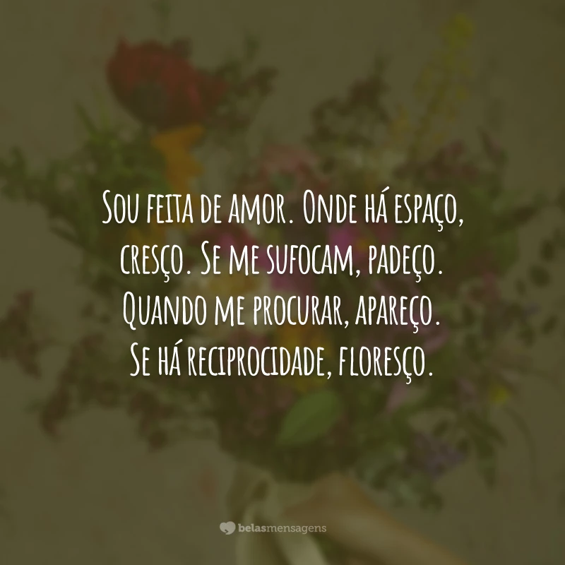 Sou feita de amor. Onde há espaço, cresço. Se me sufocam, padeço. Quando me procurar, apareço. Se há reciprocidade, floresço.