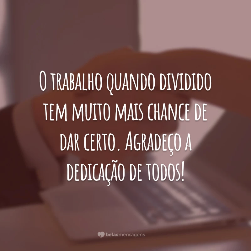 O trabalho quando dividido tem muito mais chance de dar certo. Agradeço a dedicação de todos!