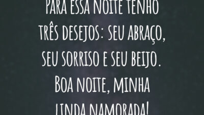 Para essa noite tenho três desejos: seu abraço, seu sorriso e seu beijo. Boa noite, minha linda namorada!