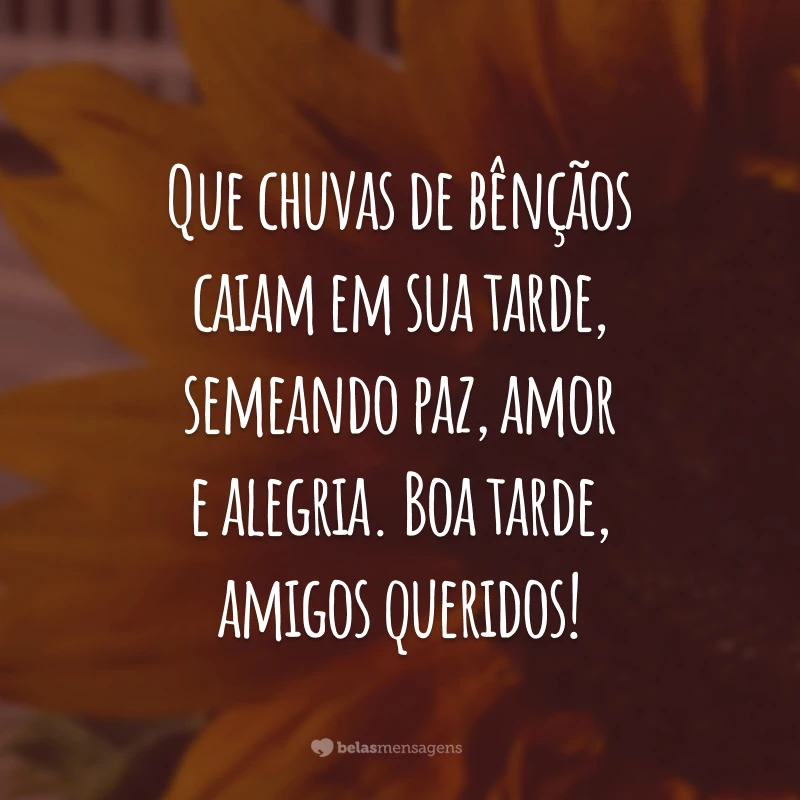 Que chuvas de bênçãos caiam em sua tarde, semeando paz, amor e alegria. Boa tarde, amigos queridos!