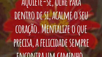 Aquiete-se, olhe para dentro de si, acalme o seu coração. Mentalize o que precisa, a felicidade sempre encontra um caminho.