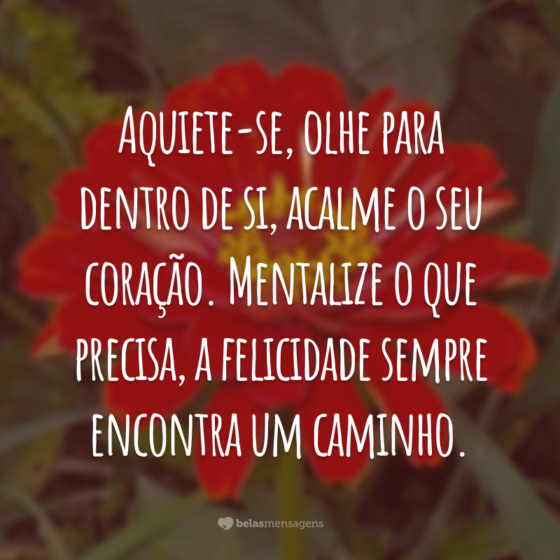 Aquiete-se, olhe para dentro de si, acalme o seu coração. Mentalize o que precisa, a felicidade sempre encontra um caminho.