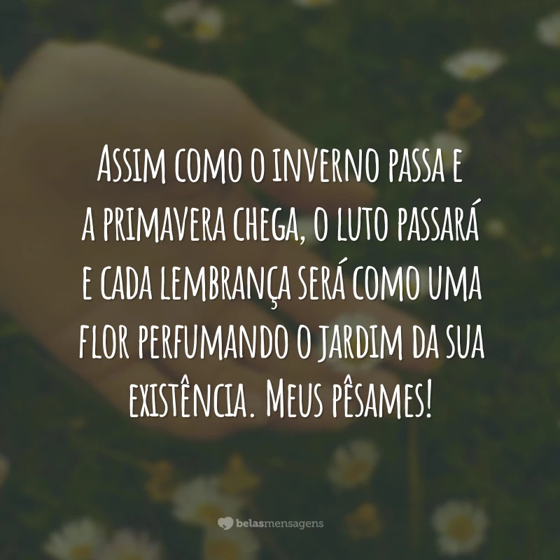 Assim como o inverno passa e a primavera chega, o luto passará e cada lembrança será como uma flor perfumando o jardim da sua existência. Meus pêsames!