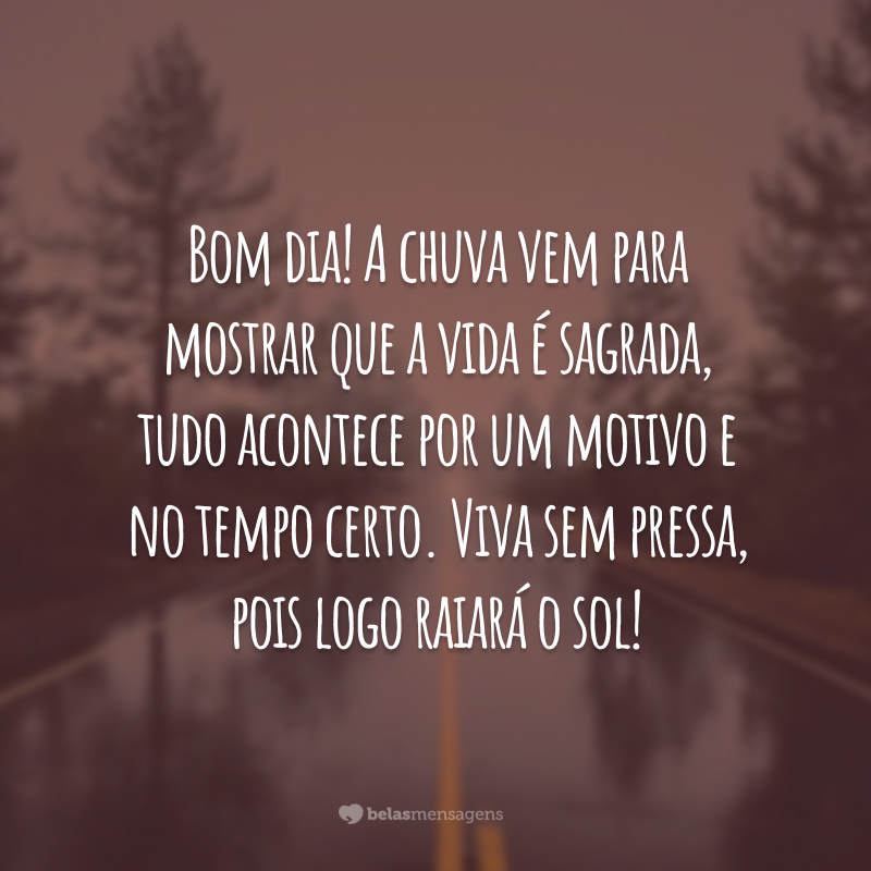 Bom dia! A chuva vem para mostrar que a vida é sagrada, tudo acontece por um motivo e no tempo certo. Viva sem pressa, pois logo raiará o sol!