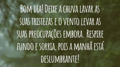 Bom dia! Deixe a chuva lavar as suas tristezas e o vento levar as suas preocupações embora. Respire fundo e sorria, pois a manhã está deslumbrante!