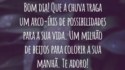 Bom dia! Que a chuva traga um arco-íris de possibilidades para a sua vida. Um milhão de beijos para colorir a sua manhã. Te adoro!