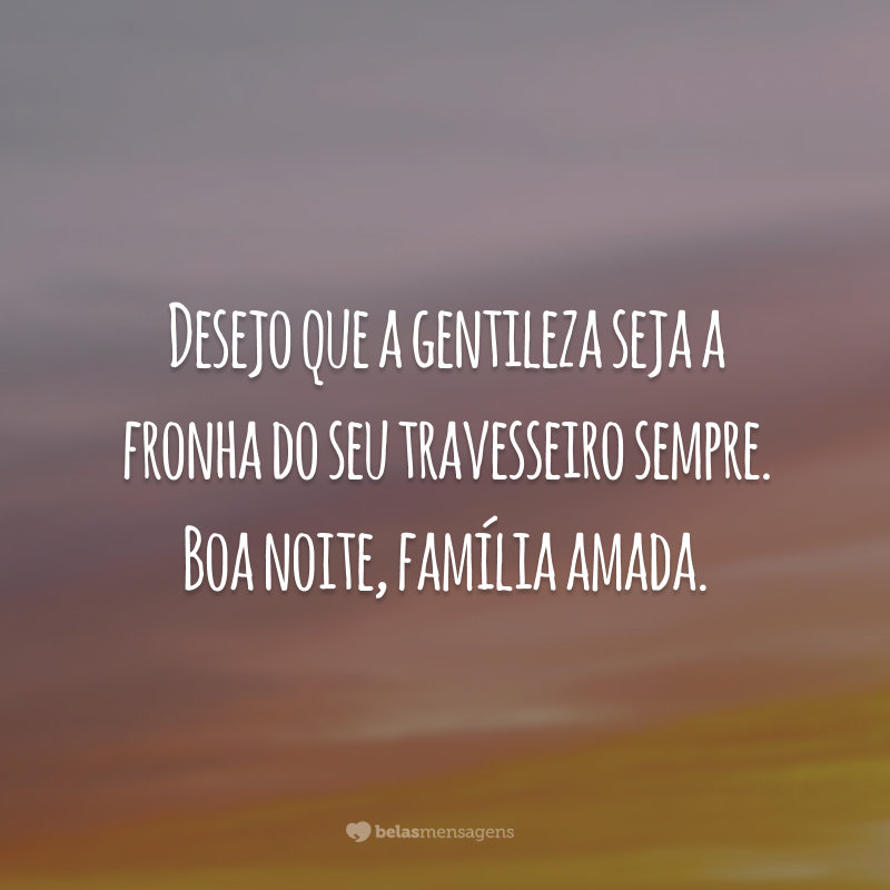 Desejo que a gentileza seja a fronha do seu travesseiro sempre. Boa noite, família amada.