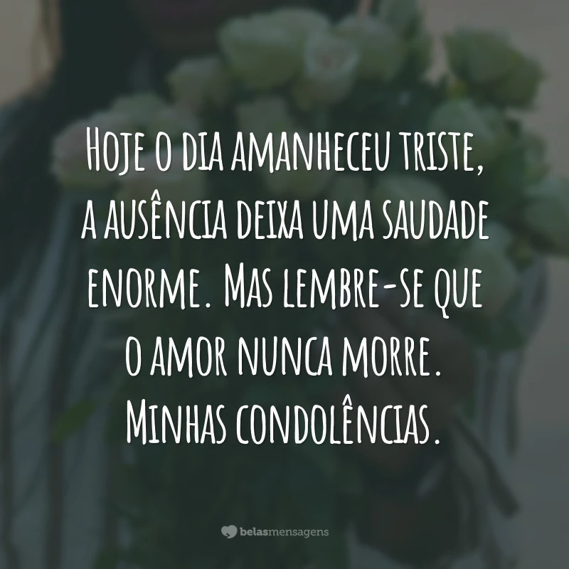 Hoje o dia amanheceu
triste, a ausência deixa uma saudade enorme. Mas lembre-se que o amor nunca morre. Minhas condolências.