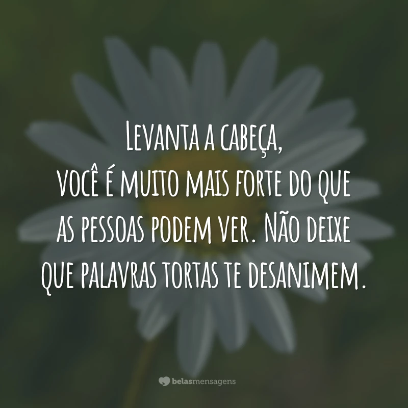 Levanta a cabeça, você é muito mais forte do que as pessoas podem ver. Não deixe que palavras tortas te desanimem.