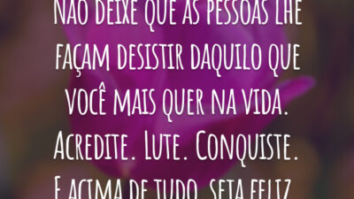 Não deixe que as pessoas lhe façam desistir daquilo que você mais quer na vida. Acredite. Lute. Conquiste. E acima de tudo, seja feliz.