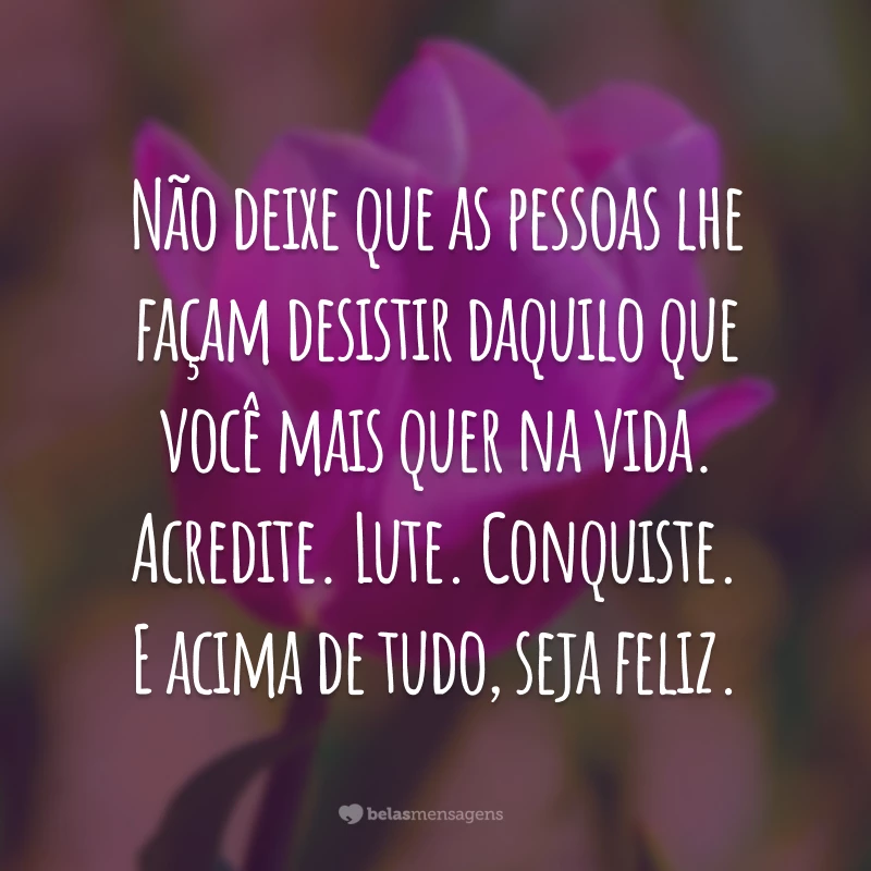 Não deixe que as pessoas lhe façam desistir daquilo que você mais quer na vida. Acredite. Lute. Conquiste. E acima de tudo, seja feliz.