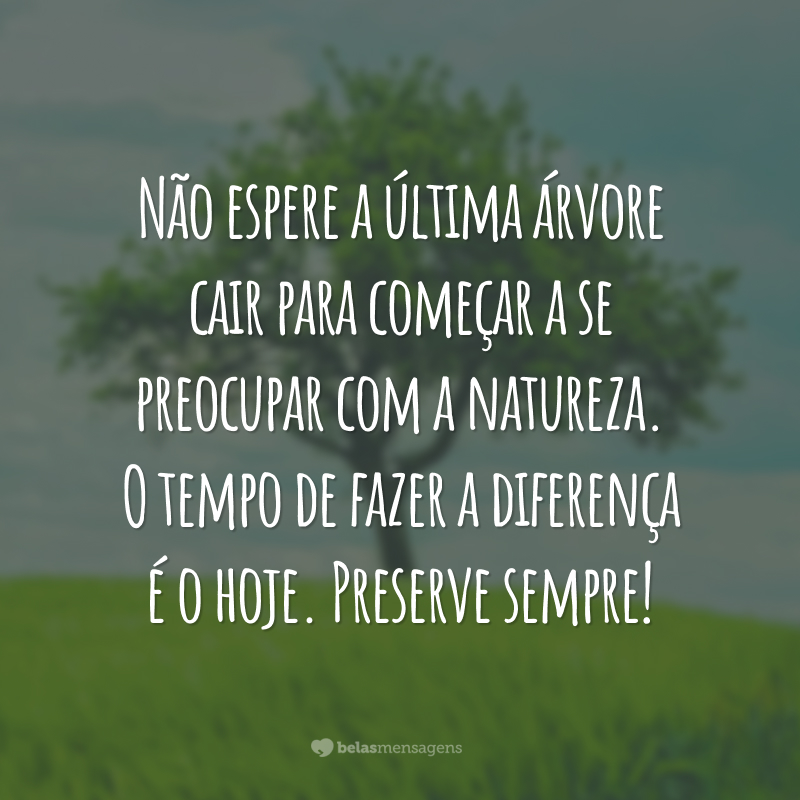 Não espere a última árvore cair para começar a se preocupar com a natureza. O tempo de fazer a diferença é o hoje. Preserve sempre!