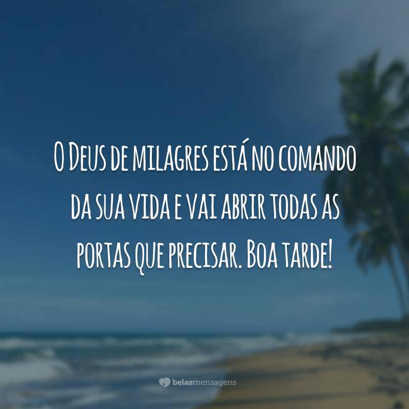 O Deus de milagres está no comando da sua vida e vai abrir todas as portas que precisar. Boa tarde!