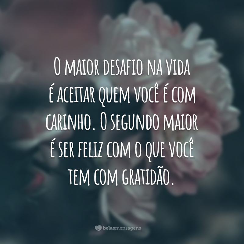 O maior desafio na vida é aceitar quem você é com carinho. O segundo maior é ser feliz com o que você tem com gratidão.