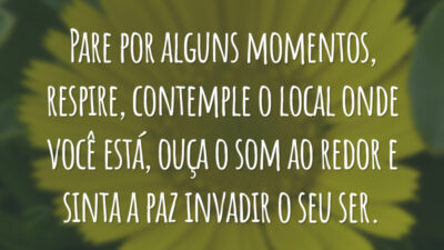Pare por alguns momentos, respire, contemple o local onde você está, ouça o som ao redor e sinta a paz invadir o seu ser.
