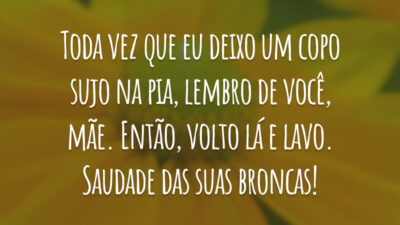 Toda vez que eu deixo um copo sujo na pia, lembro de você, mãe. Então, volto lá e lavo. Saudade das suas broncas!