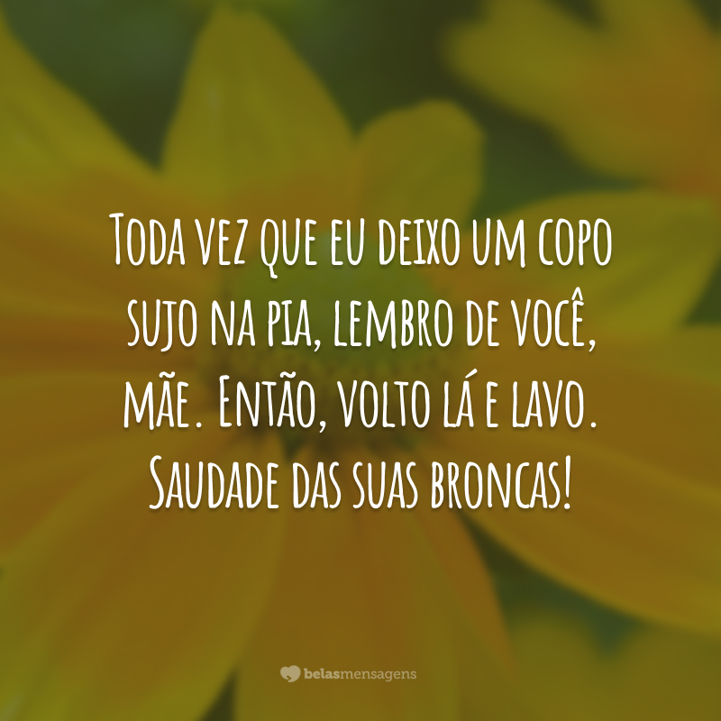 Toda vez que eu deixo um copo sujo na pia, lembro de você, mãe. Então, volto lá e lavo. Saudade das suas broncas!